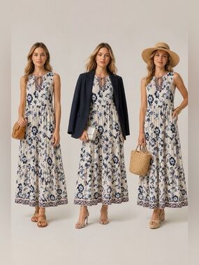 Max Studio Cream Maxi Dress with Blue Floral Print